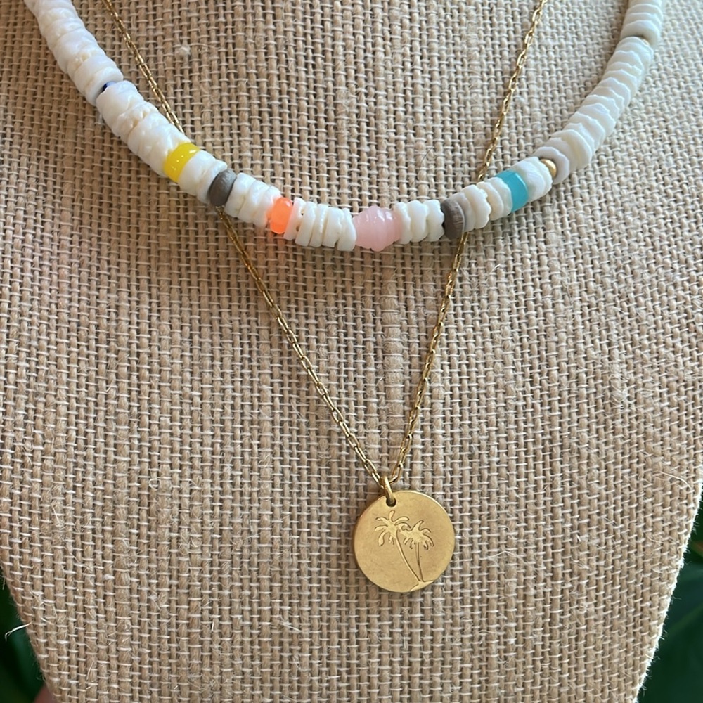 Madewell Palm Tree Beach Find Layered Necklace Set Coin Pendant Puka shell beads - Picture 6 of 10